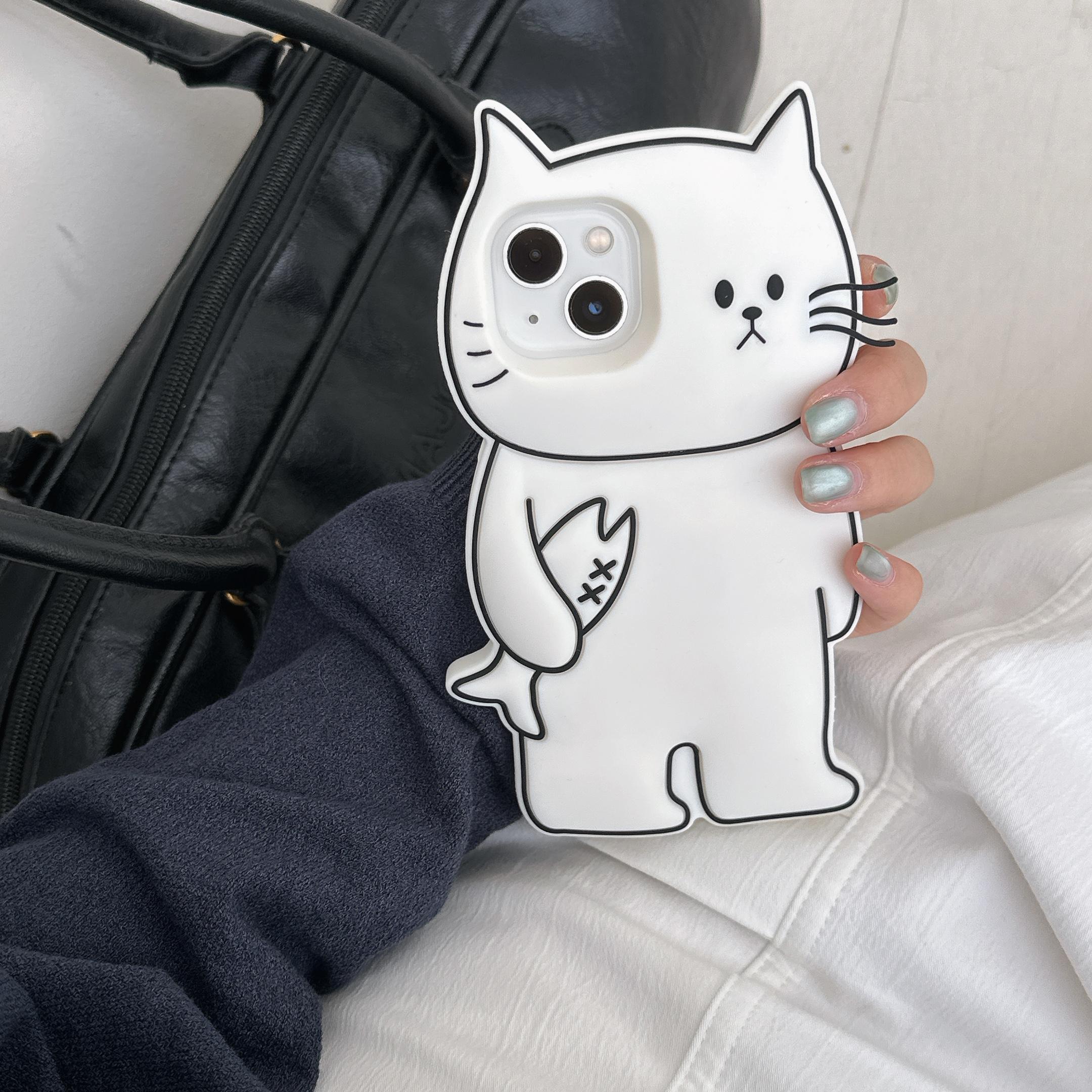 

For iPhone 15 Silicone Case Cute White Cat Design Shockproof Phone Back Cover A