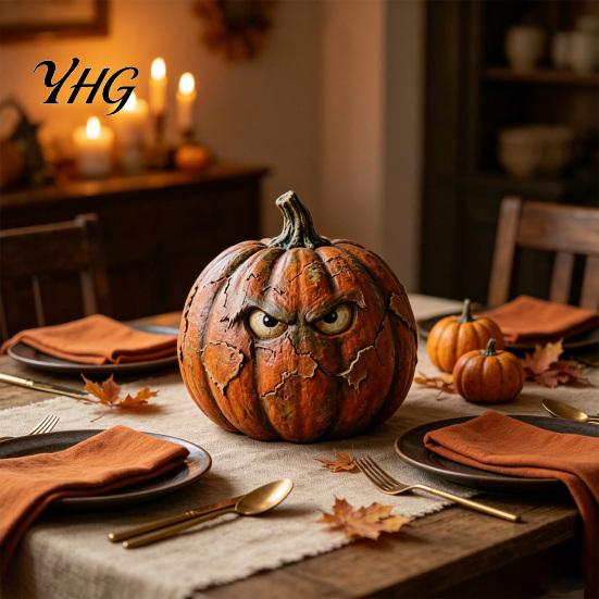 Durable Wooden Harvest Decor Halloween Pumpkin Figurine, Rustic Spooky Ornament, Fall Solid Wood Figurines Table Centerpiece for Home Party