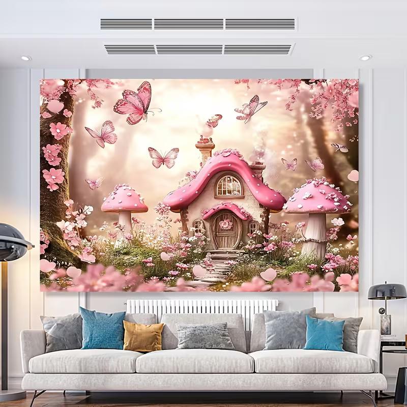 

2D Flat Print Enchanted Spring Forest Backdrop with Fairy Cottage & Butterflies Fairy Party Background 47.2x31.5inch/120*80cm