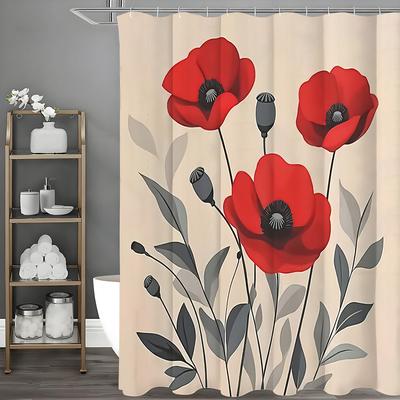 Red Poppy Shower Curtain, Bathroom Decorative Shower Curtain, Waterproof Shower Curtain with Hooks