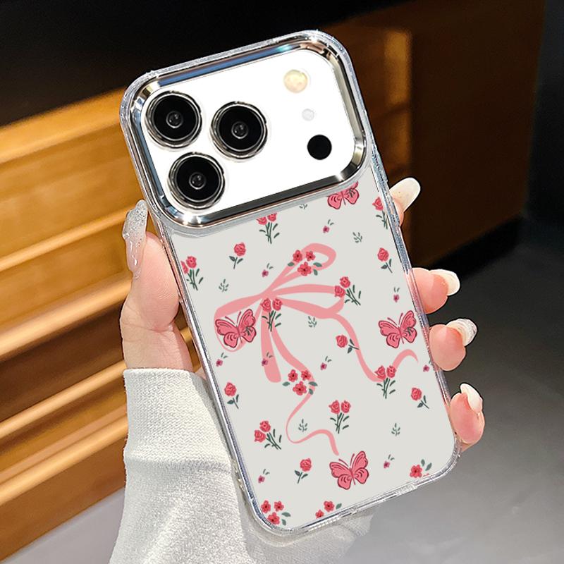 Bowknots Cherry Pattern Case For iPhone 17 Pro Max Plating Lens Frame Clear Soft Cover For iPhone 16 15 14 13 Pro Max 11 16E 17E