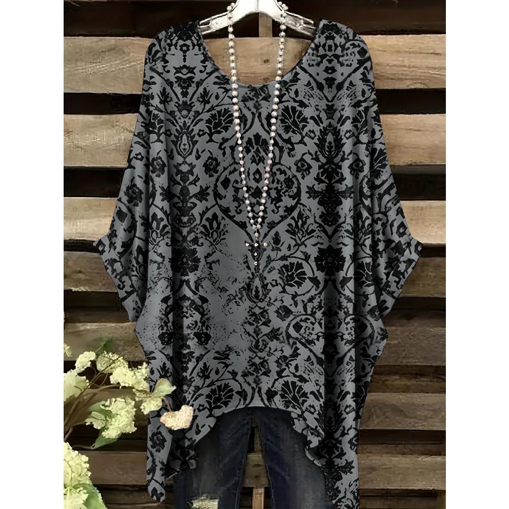 Boho Květinová Tunika Plus Size Dámské Boho Květinový Potisk Tunika Tričko Krátký Rukáv Kulatý Výstřih Ležérní Top Živý 2025