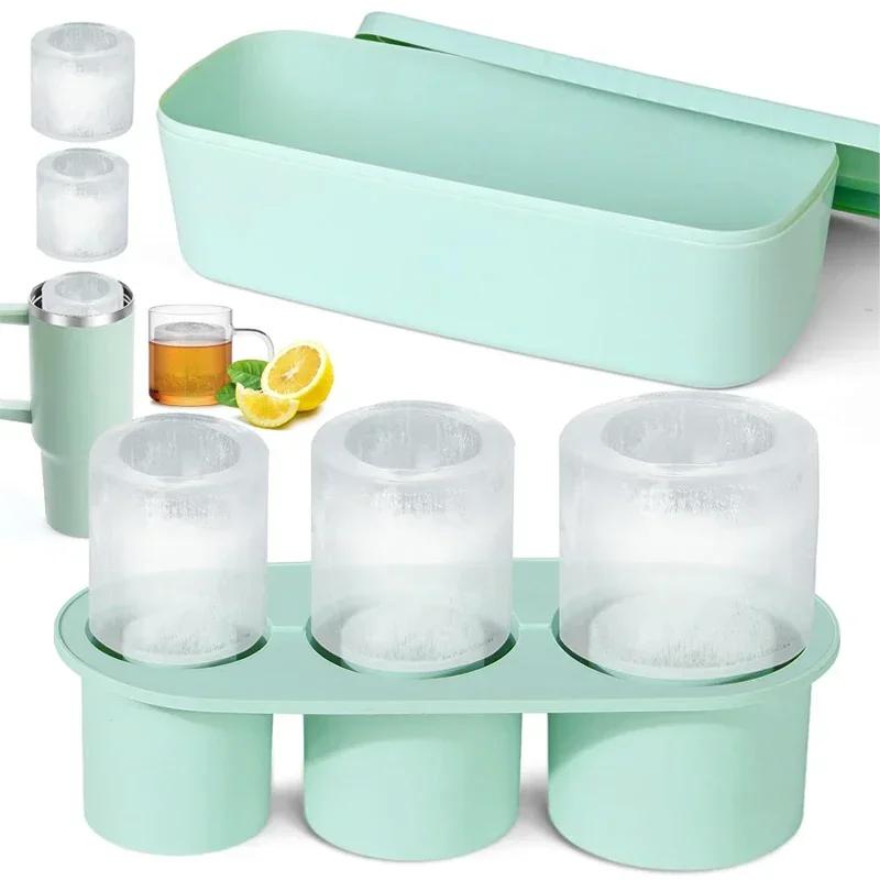 3 Grid Ice Mold for Stan Ley Cup Silicone Cylinder Ice Mold with Lid and Bin for Freezer Ice Drink Juice Whiskey Cocktail