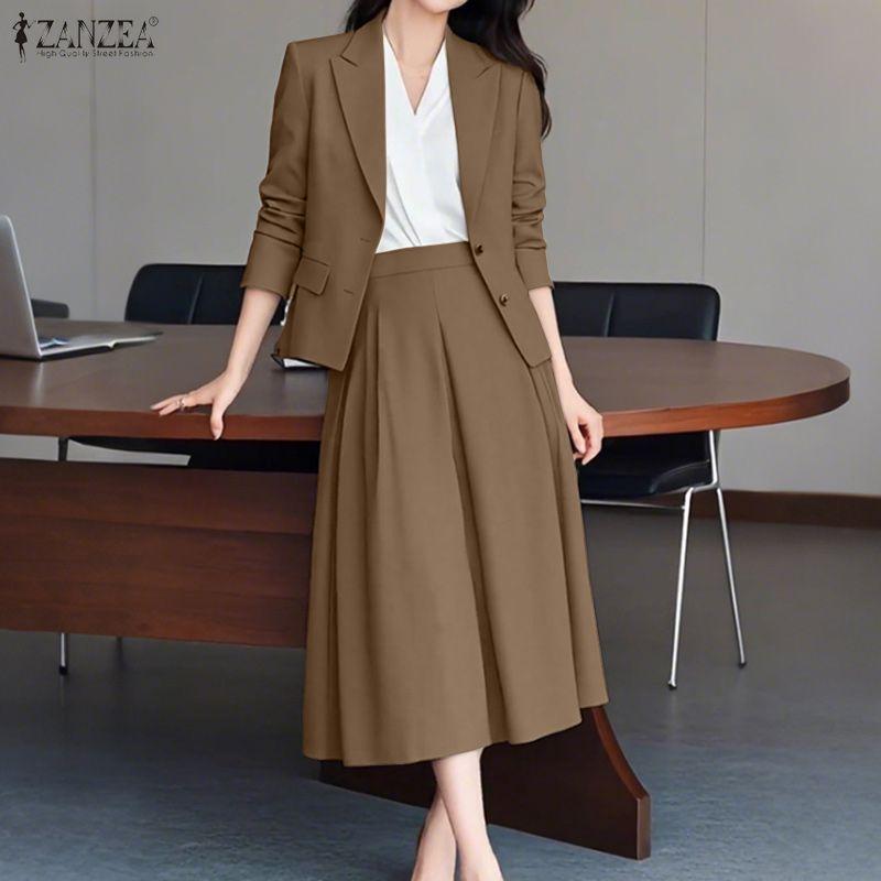 ZANZEA Women Long Sleeve Blazer and Midi Skirts Casual Two Piece Suit Sets
