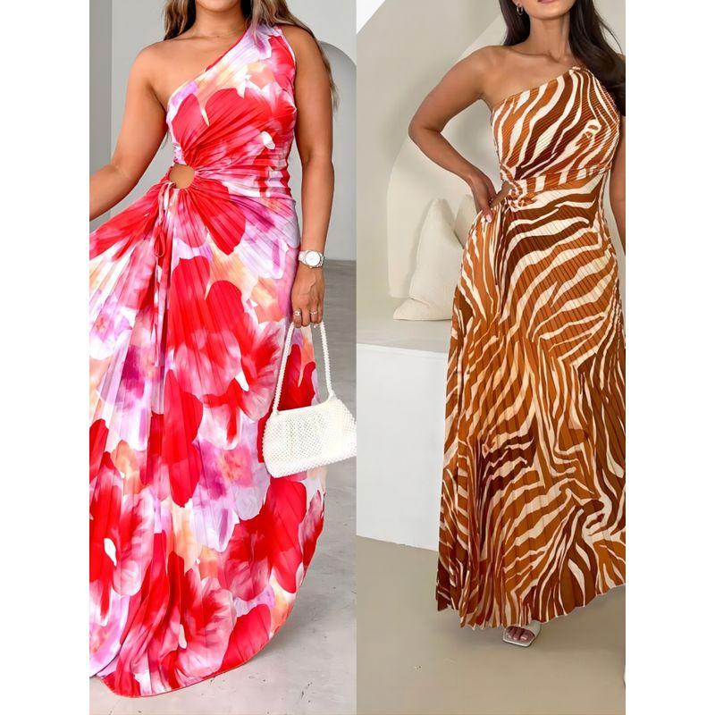 Fashion Print One Shoulder Sleeveless Dress Printed One Shoulder Sleeveless Dress