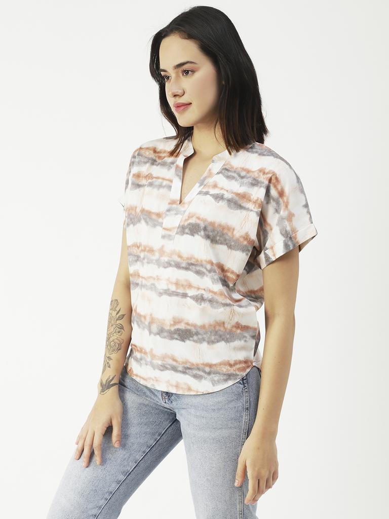 Moomaya Printed V-Neck Long Tops For Women, Short Sleeve Regular Fit Shirt