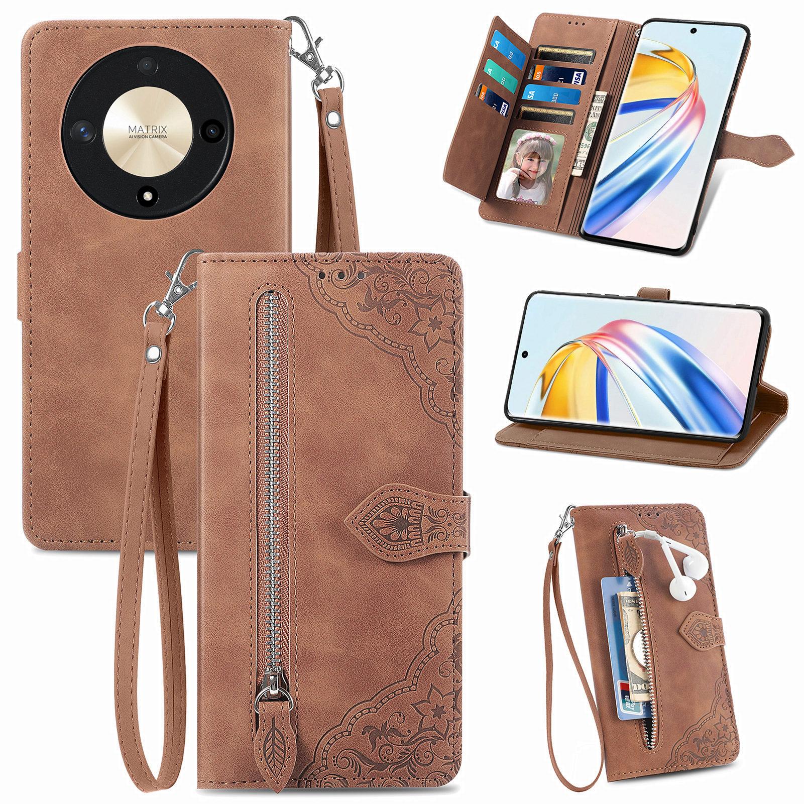 

Чехол-кошелек на молнии для Honor X9b 5G/Magic6 Lite 5G с ремешком, чехол для телефона из ПУ кожи с цветочным тиснением Brown