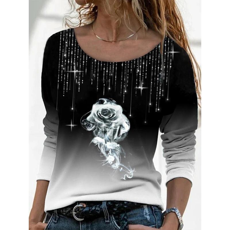 Spring Autumn Long Sleeved Loose Round Neck Casual Pullover Rose Print T-shirt for Women