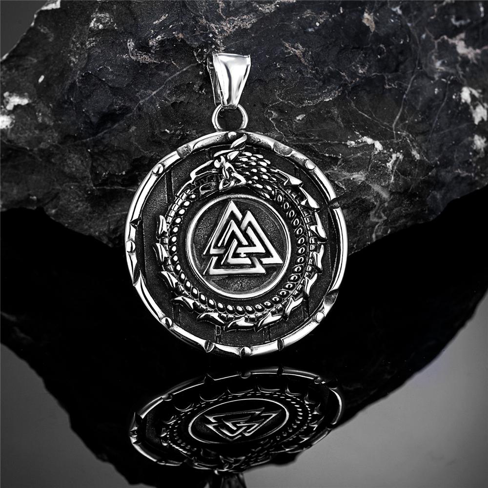 Vikings Ouroboros Dragon Necklace Men Stainless Steel Norse Runes Triangle Pendant Scandinavian Jewelry Gift