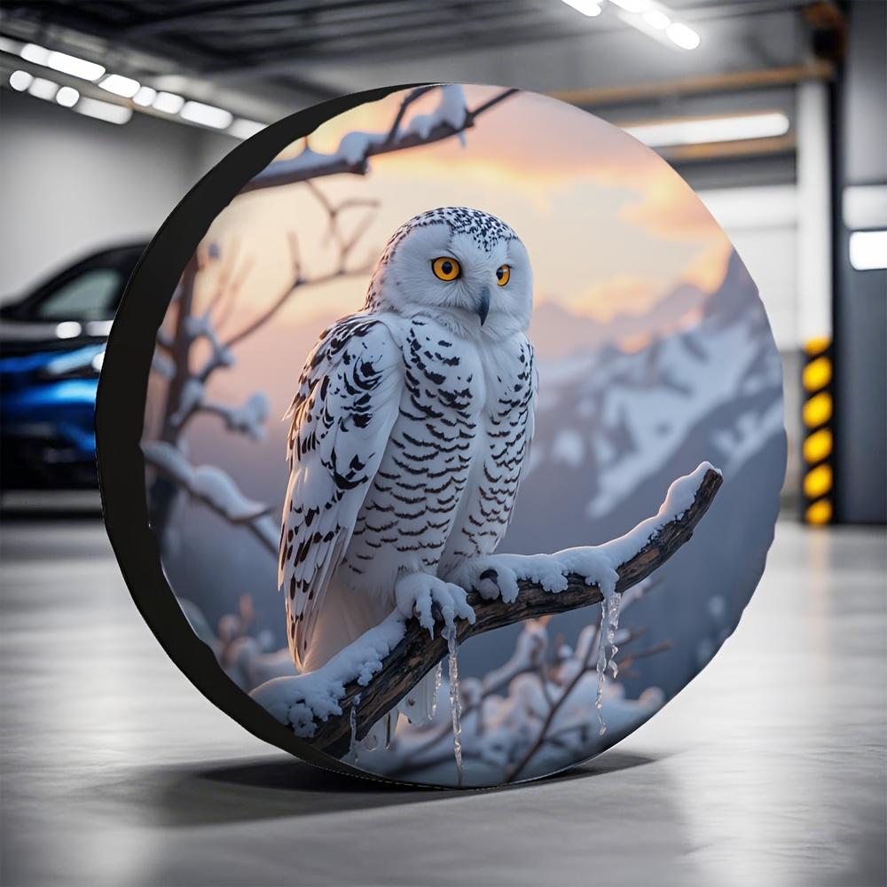 One Piece Of 2D Flat-Printed High-Quality Tire Cover Featuring A Snowy Owl At Winter Sunset, Made From 100% Polyester Fabric, Su