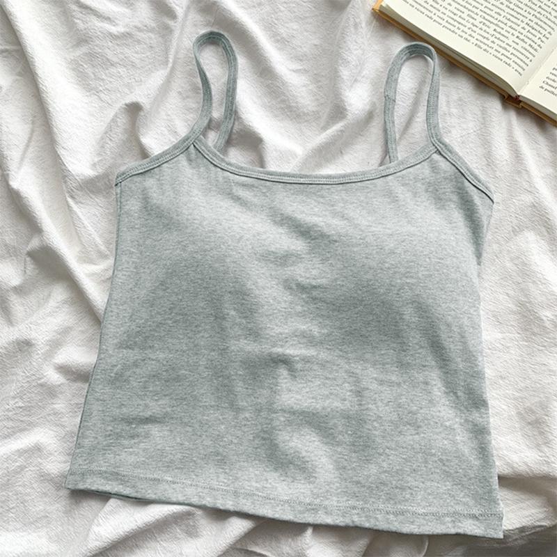 

Корейская женская однотонная майка-камисоль без рукавов на тонких бретельках, облегающего кроя, с нагрудными вкладышами серый