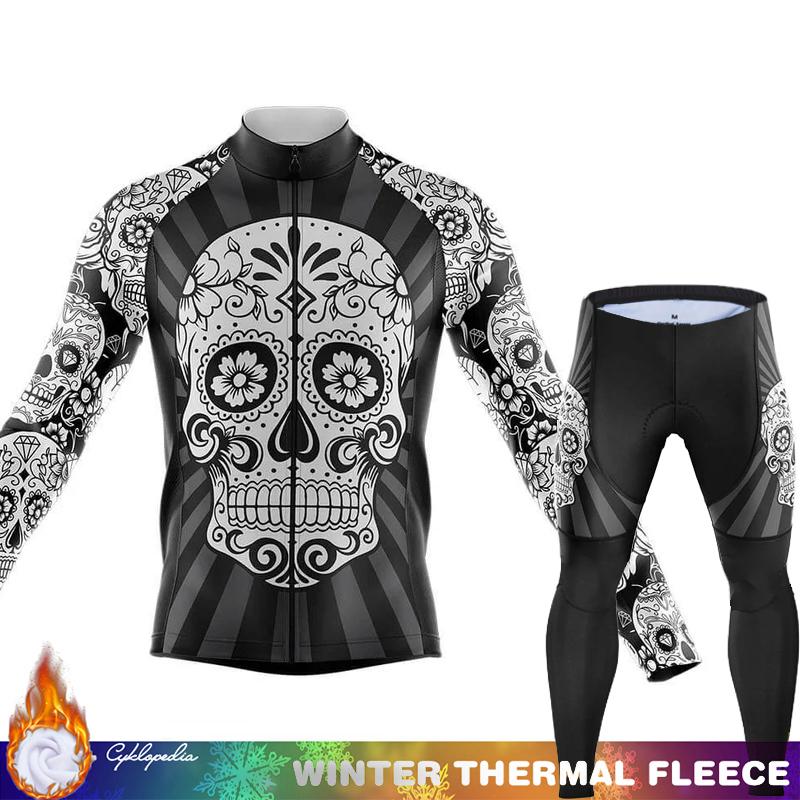 Men's Cycling Pants Fleece Jersey Skull Sets Long Sleeve Thermal Shirt Mens Clothes Clothing Winter Man Outfit Suit Termal Retro