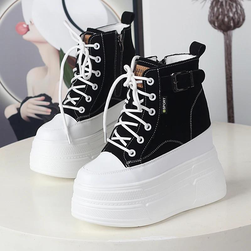 Fashion Small Super High Heel 13cm Frosted Leather High-top Shoes Women's Autumn and Winter New Velvet Muffin Platform Casual Sneakers