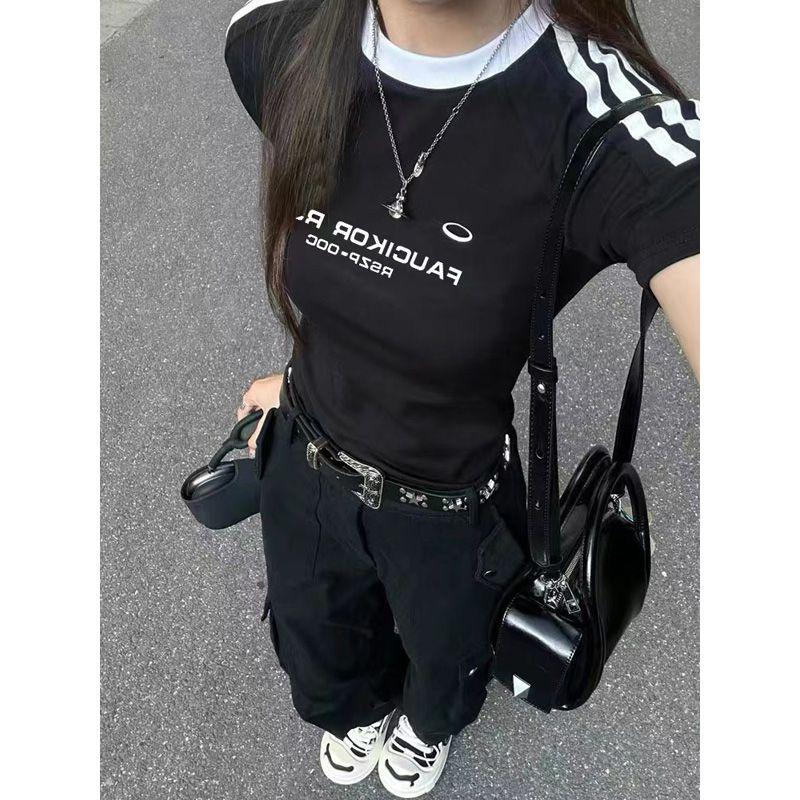 

American vintage Ribbon Contrast Color Print Short sleeve T-shirt Women Summer Slim fit Slimming Design Sense Shoulder Gyaru Top Black S