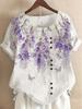 Women's 2026 Summer Retro Faux Cotton Linen Print Loose Casual Short Sleeve T-Shirt