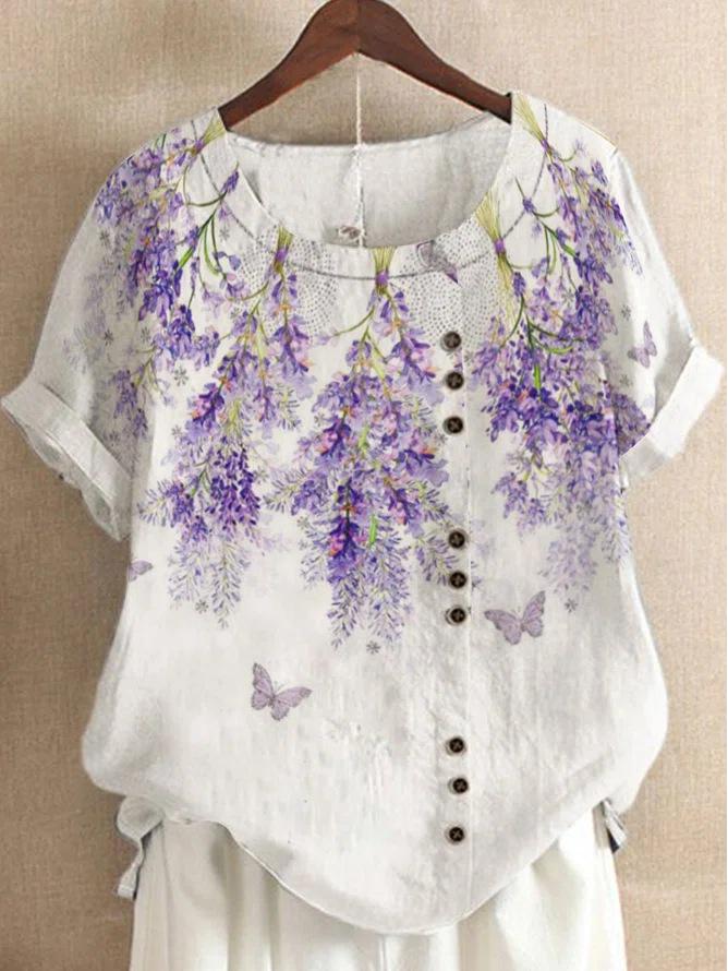 Women's 2026 Summer Retro Faux Cotton Linen Print Loose Casual Short Sleeve T-Shirt