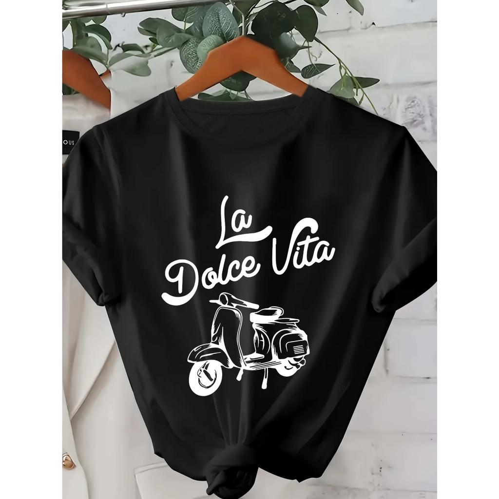 Machine Washable Ideal for Spring Everyday Style Shirt Women's Black Graphic Tee - Vintage Scooter Aesthetic Clothes