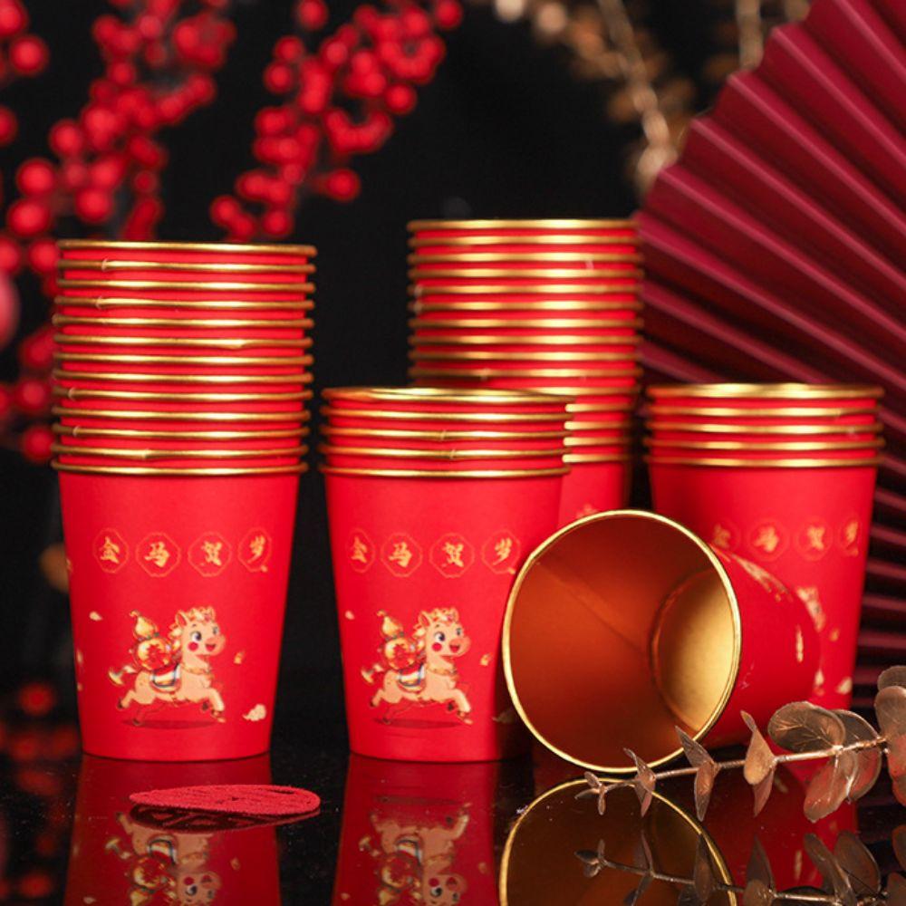 50pcs Horse Pattern 2026 Spring Festival Disposable Cup Gold Foil Drinking Tea Cup  Family Dinner
