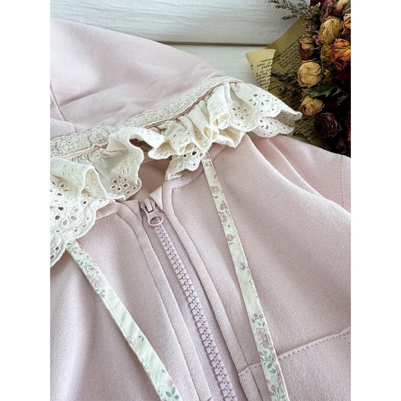 Girls Korean Style Jacket New Children's Autumn Pastoral Cute All-match Hat Lace Edge Zipper Sweater