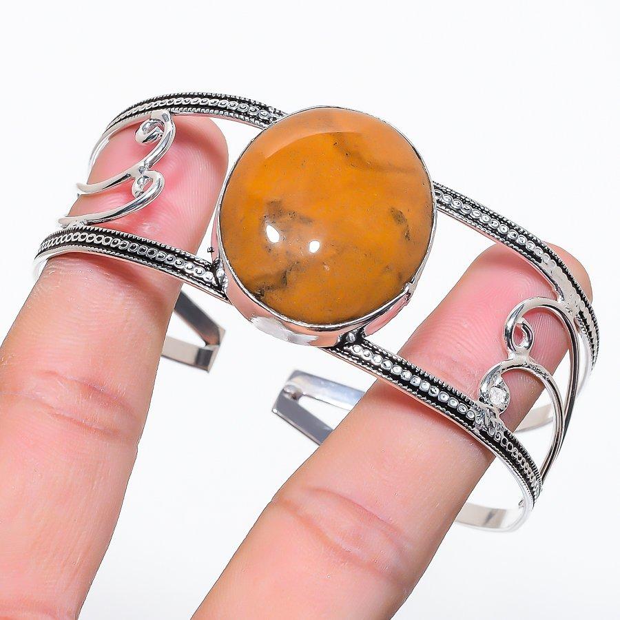Natural Fossil Coral Gemstone 925 Sterling Silver Cuff Bangle Adjustable p3L52