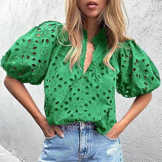 Women Tops V-Neck Puff Short Sleeves Hollow Out Crochet Shirt Solid Color Loose Fit Blouse Outdoor Leisure Wear