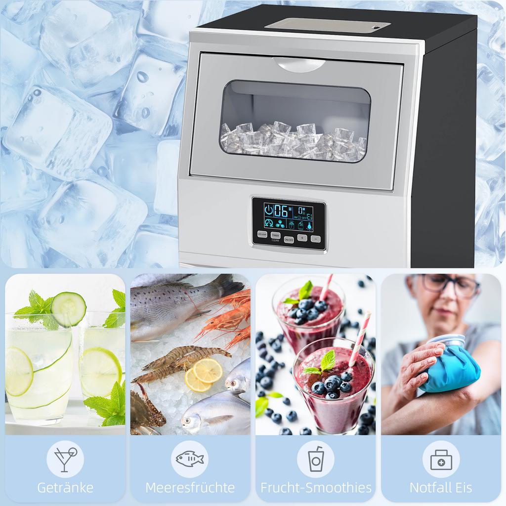 Commercial Ice Cube Maker, LED Lighting, Easy-to-Read Display, with Scoop, Silver