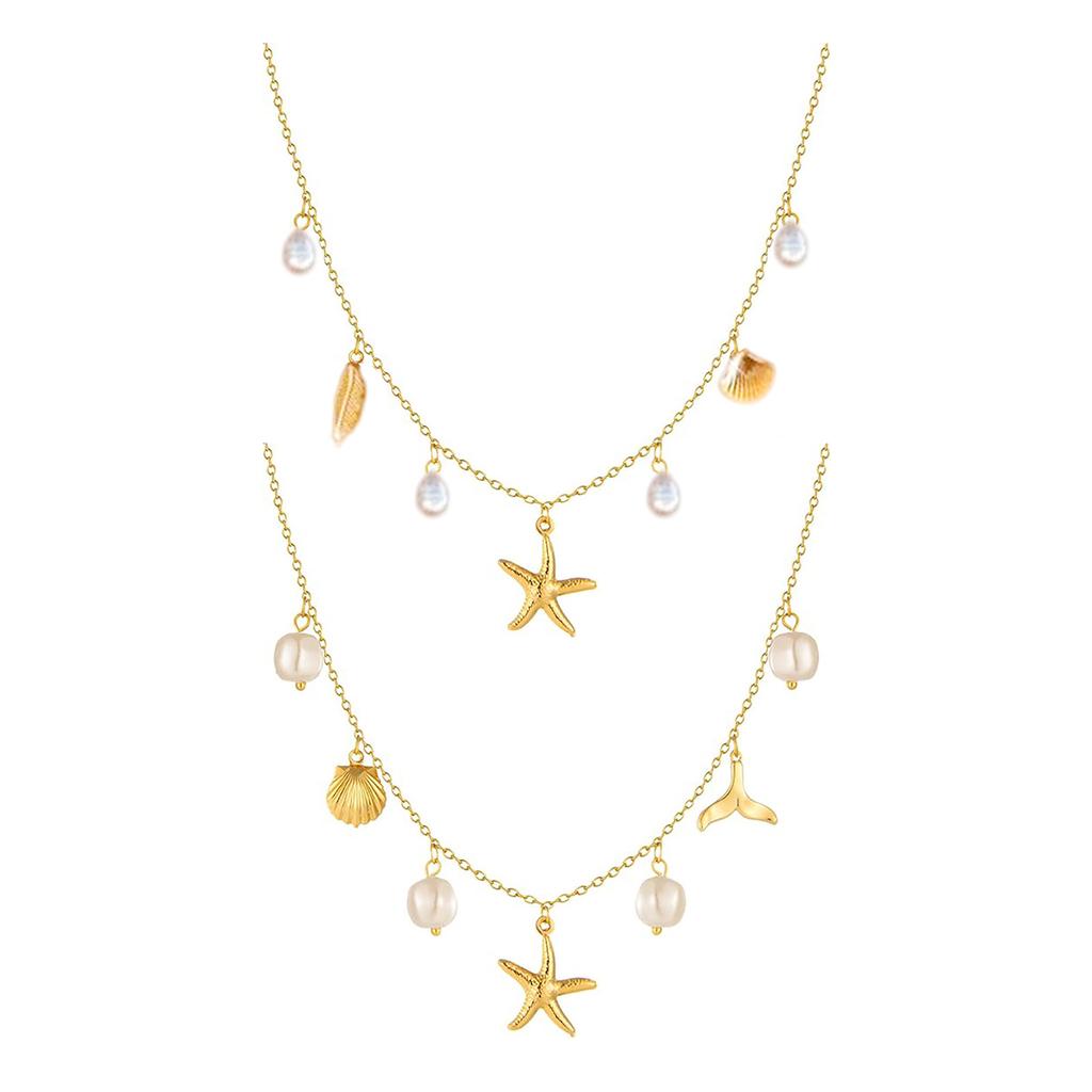 Oceanics Inspired Necklace With Pearls Shell Starfish Pendant Stainless Steel Jewelry for Women