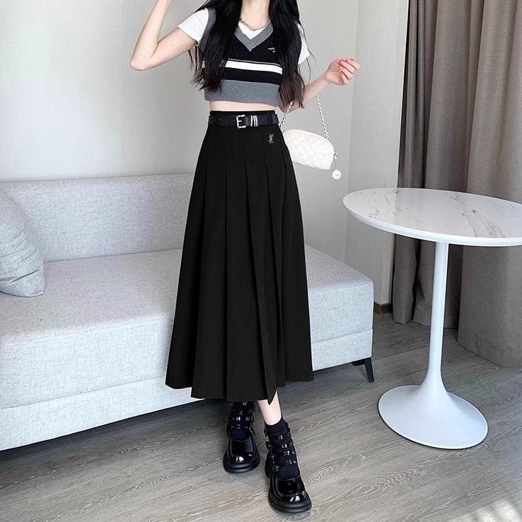 

Женская плиссированная миди-юбка А-силуэта с высокой талией - Весенне-летняя однотонная модель с полным расклешением One size fits up to 125 lbs чёрный