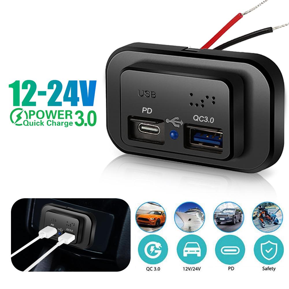 Dual USB Car Charger Socket QC3.0 PD Quick Charger Outlet Panel Power Adapter Waterproof 12V/24V For Camper Caravan Accessories