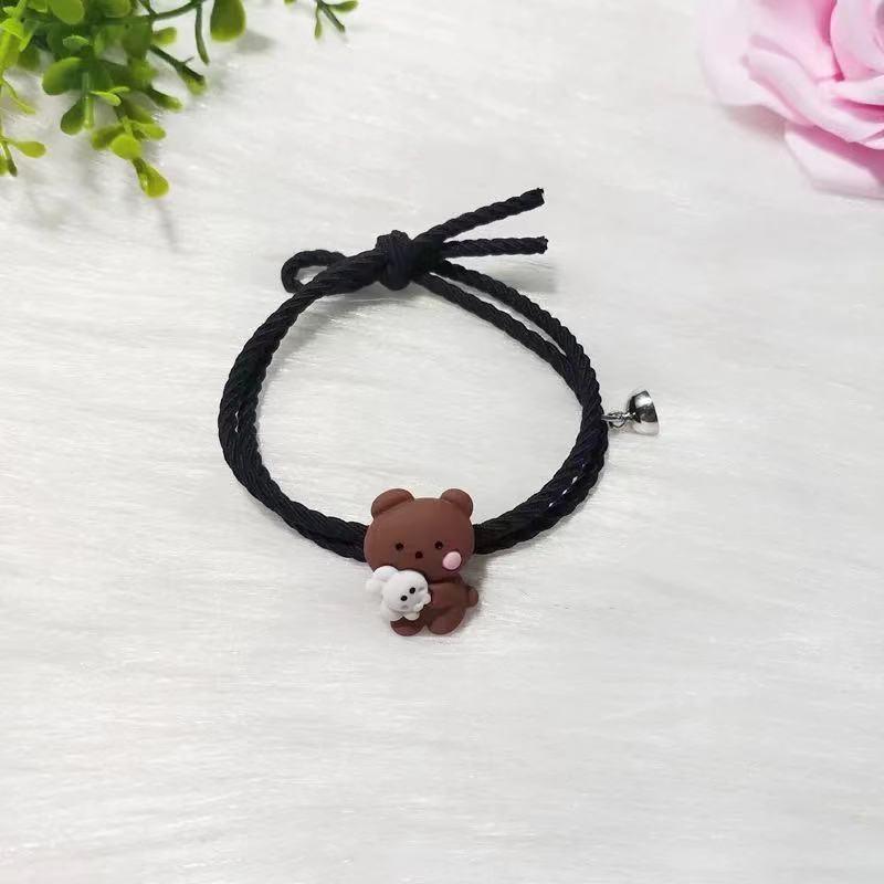 Charming Cartoon Teddy Bear Bracelet & Hair Tie Gift Set - Magnetic Couple Keepsake with Small Leather Case for Boyfriend or Best Friend
