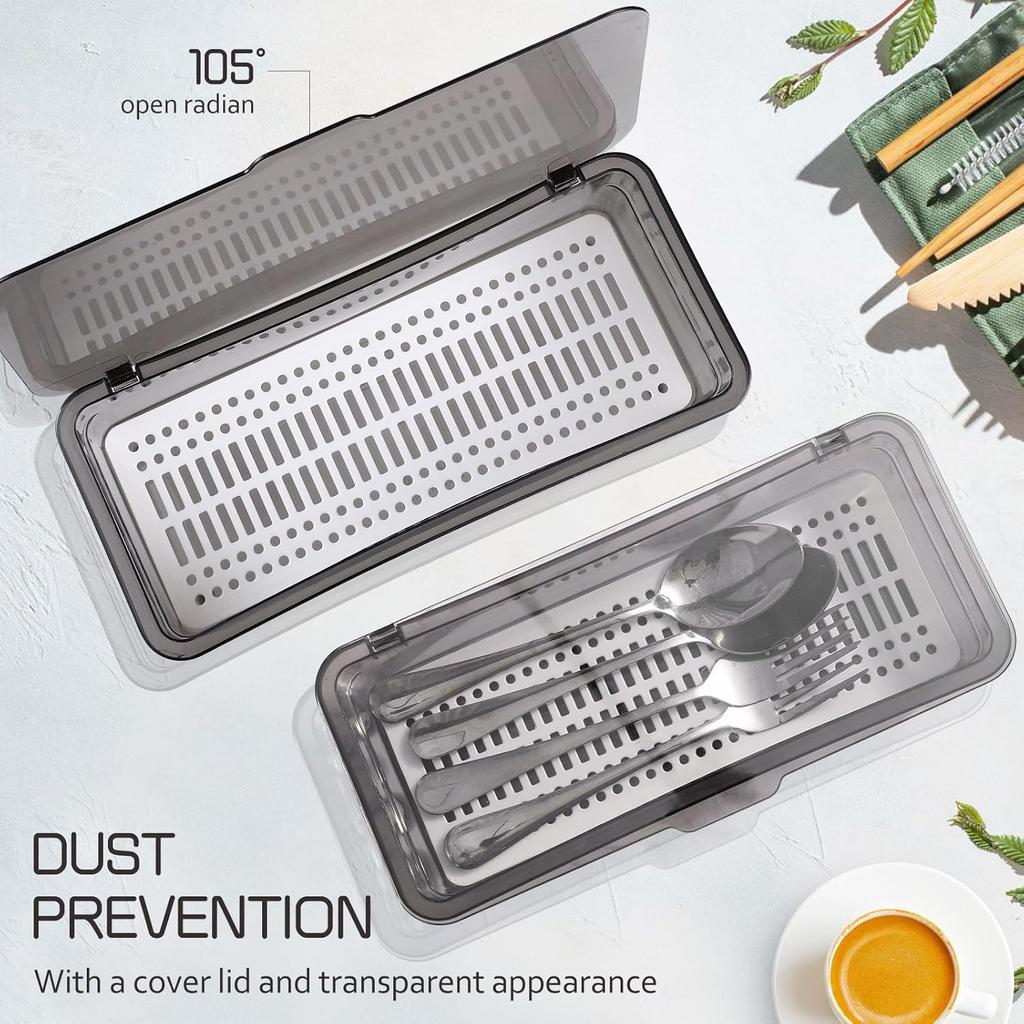 Flatware Trays with Lid 3 Pcs Cutlery Chopsticks Organizer Drain rack for Kitchen Drawer, Silverware Holder Storage Box with Cover, Utensil Drawer