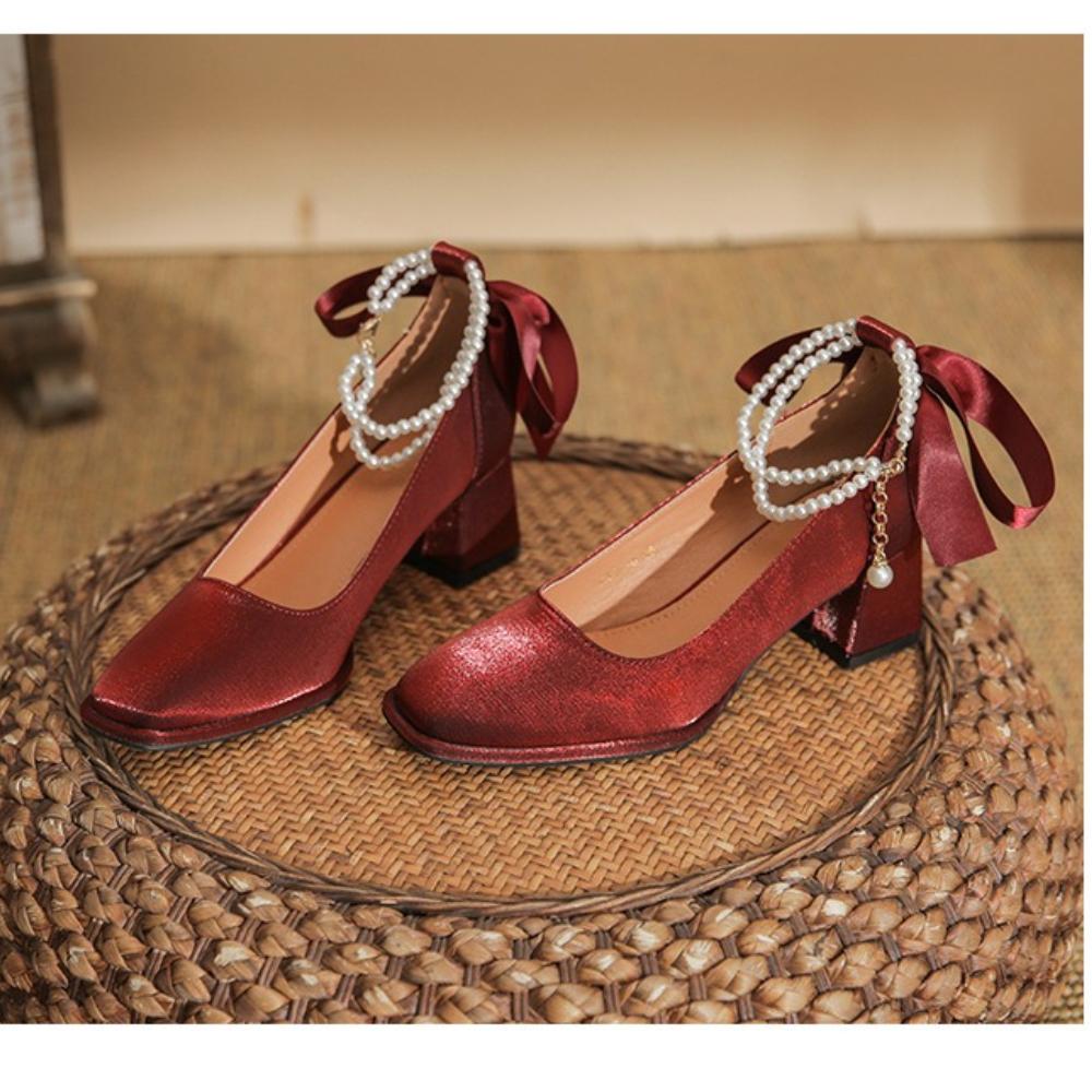 2025 New French-Style Women's Wedding Shoes - Bowknot Fairy Bridesmaid Shoes, Two-Way Wear Block Heel, Comfortable Non-Tiring Feet, StyleXCY34-888-200