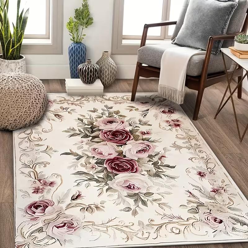 Tappeto Vintage Floreale Rosa Francese Tappeto Romantico con Stampa di Fiori Rosa Tappeto per Soggiorno Tappetino Antiscivolo Morbido per Arredamento Casa per Camera da Letto