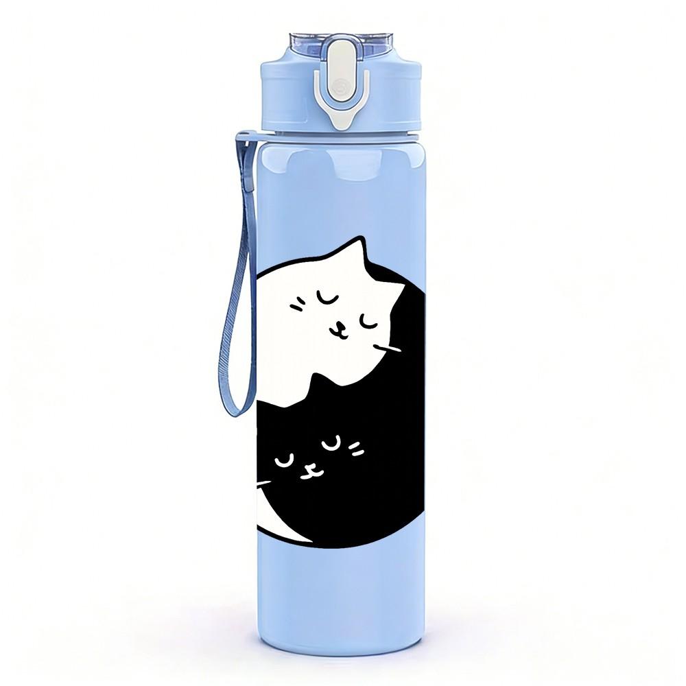 1PC Black White Moon Cat Art 750ml Color Plastic Sports Water Bottle Leakproof Flip Straw Lid Suitable for Sports Office Home Use