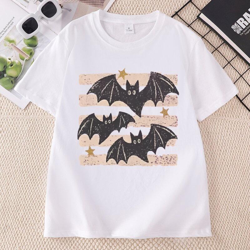 Vintage Bat Halloween TShirt Spooky Season Tee Fall Top Boho Witchy Goth Apparel T Shirts Casual Round Neck Printed Tshirts
