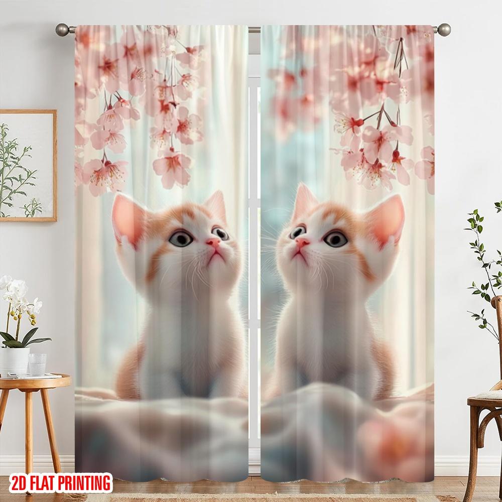 2pcs,2D Plane Printing Pattern Curtains Blossom Kittens Polyester Easy Install (without Rod) Versatile All Perfect for Bedroom,