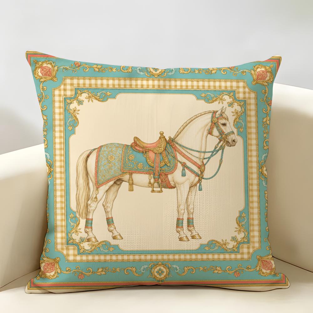 Luxury Vintage Horse Lion Cushion Cover Durable Hypoallergenic Organic Linen Pillow Cover Short Size Washable Skin-Friendly