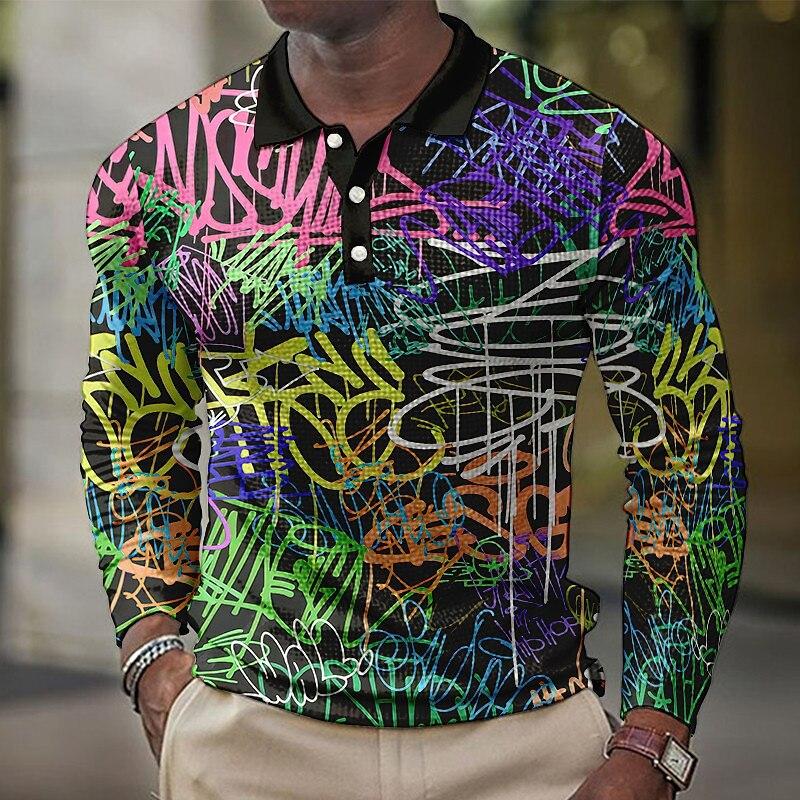 Graffiti Print Long-Sleeve Polo Shirt, Trendy Street Style Casual Wear