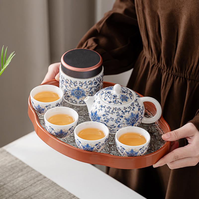 Retro Guochao suet jade entangled lotus travel tea set portable express cup outdoor camping teapot printing