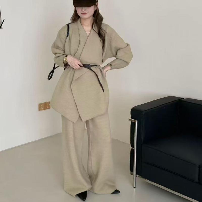 Lazy high-end large-size knitted suit for women's autumn and winter new large lapel sweater jacket wide-leg pants two-piece set for women