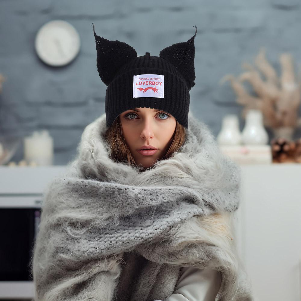 Süßer doppelwandiger Loverboy Katzenohren Strickmütze mit Kapuze Nischen-Design Strickmütze Weich Hip-Hop Persönlichkeit Kältehut Unisex