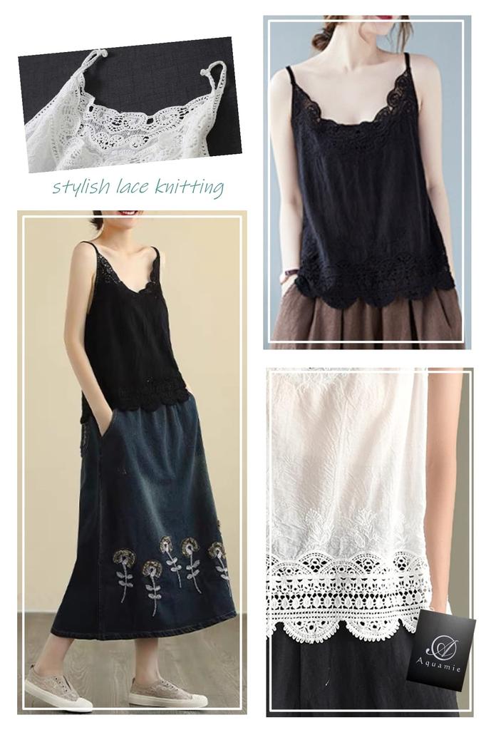 Aquamie Cotton Camisole with Cute and Layering Tank Summer Cami Underwear Women's Lace, Visible, Top, (White)