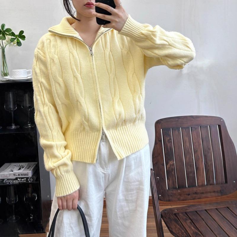 Autumn Winter Stand Collar Fried Dough Twist Zipper Knitting Coat Women Casual Fashion Cardigan Sweater Top