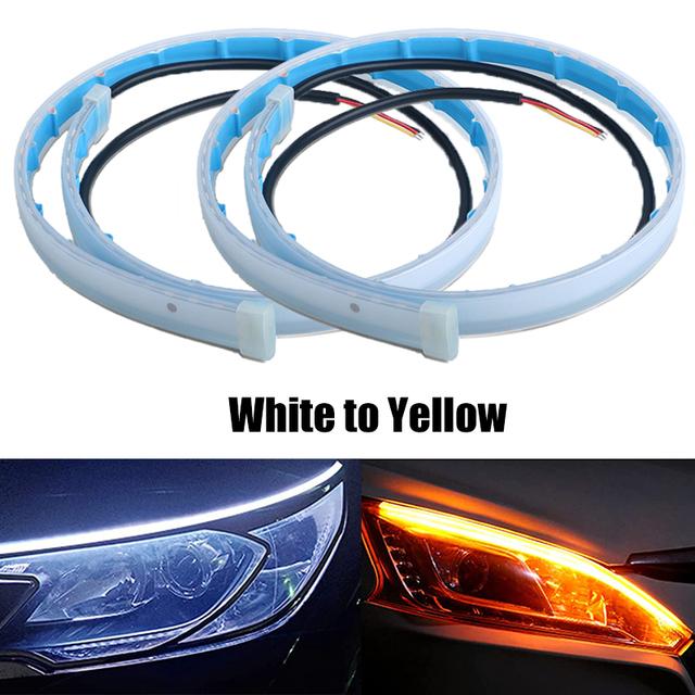 

2 шт. 30 см DRL светодиодные ленты указатели поворота последовательные желтые яркие гибкие дневные ходовые огни 12 В автомобильные фары авто аксессуары White to yellow
