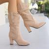 New Pointed Toe Pleated Boots for Women Winter Chunky Heels Flock Folding Knee High Boots Party Comfy Women Shoes Big Size 42