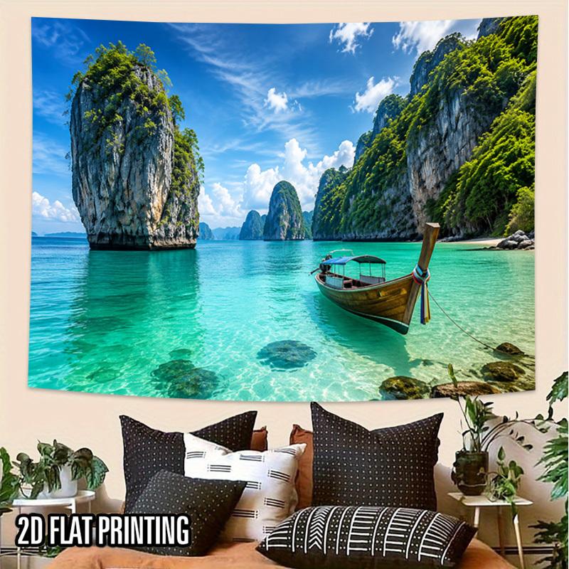 2D Flat - 2D Flat - 2D Flat Print 1pc Tapestry Thai Island Longtail Boat Tapestry Tropical Vacation Wall Decor Suitable for Vintage Themed Durable Sui