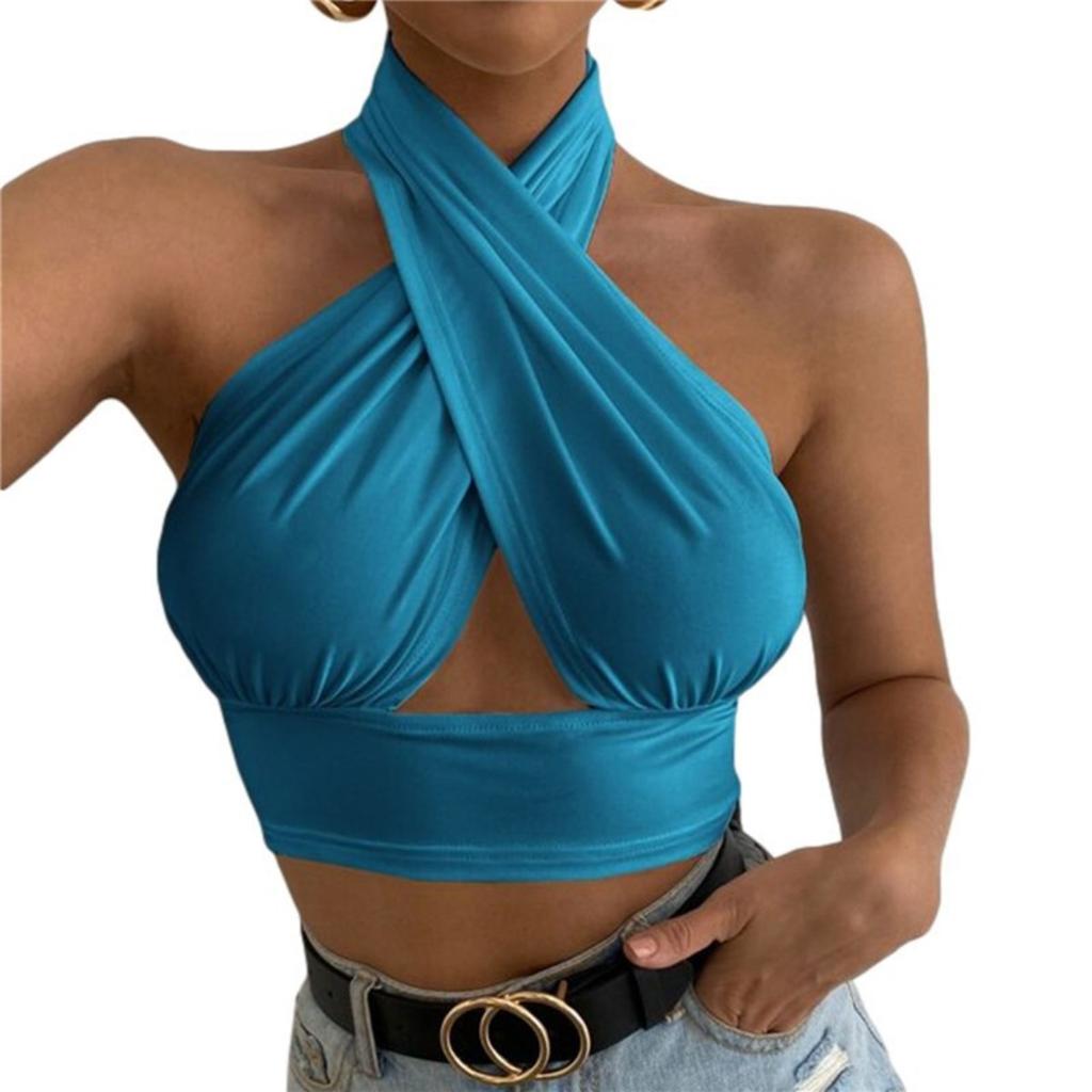 Women's Summer Solid Color Cross Halter Vest Sexy Backless Sleeveless Slim Fit Top for Party