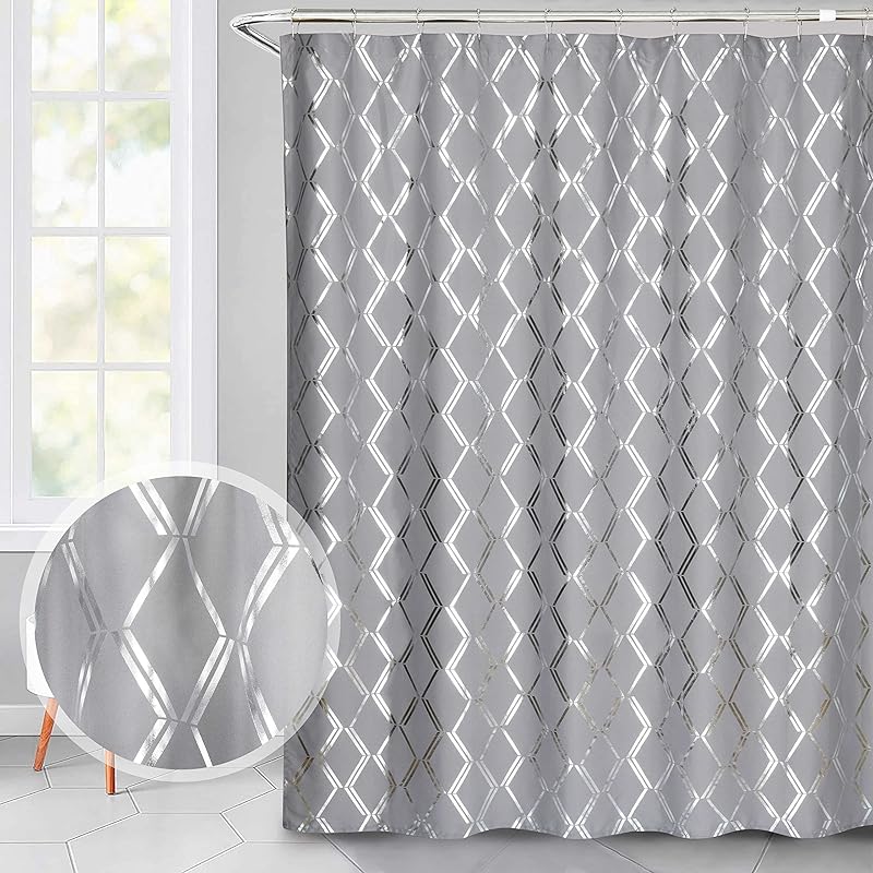 Metallic Silver Geometric Printed Shower Curtain, Gray Sparkly Cloth Shower Curtain with Diamond Pattern, Unique Classy Bathroom Curtains for