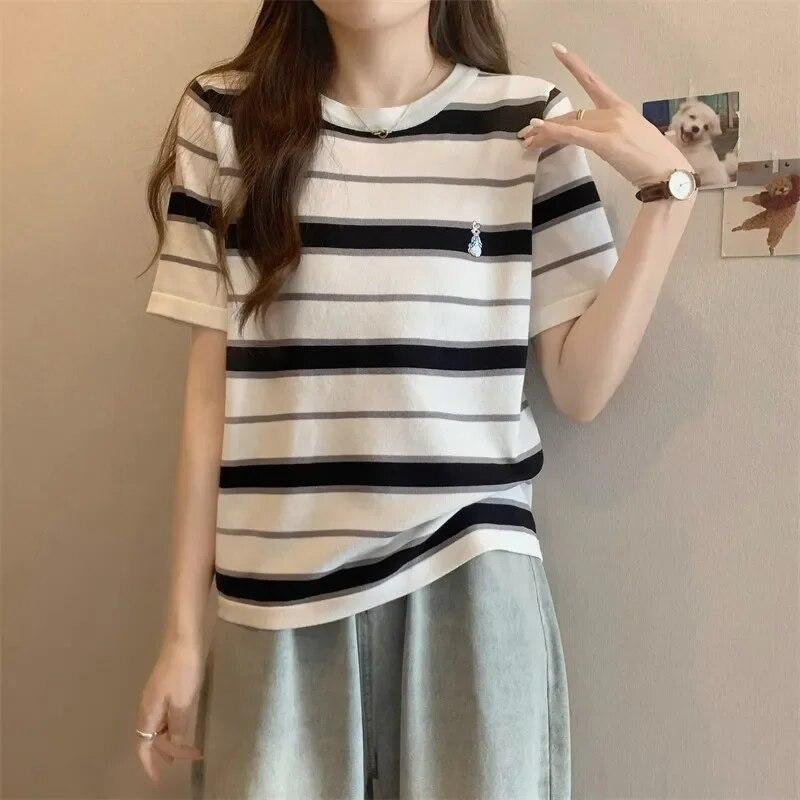Vară fată tânără dungi desen animat broderie Pulovere Tricou coreean Femei Casual larg Mânecă Scurtă student Tricouri y2k top Streetwear Feminin