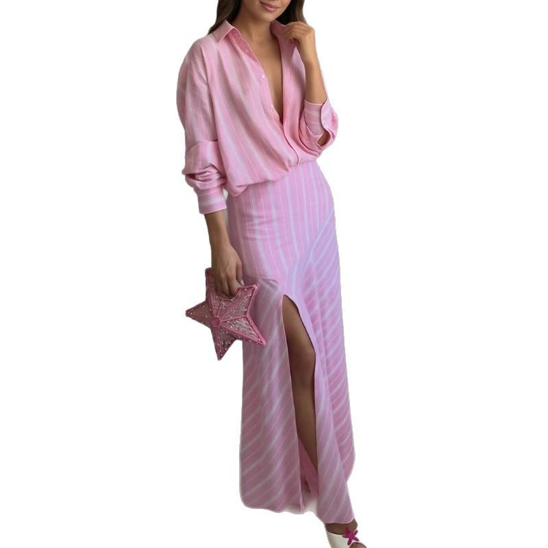 1116 Summer New Women's Clothing, European and American Women's Clothing, Fashionable Casual Striped Long-sleeved Shirt Skirt Set